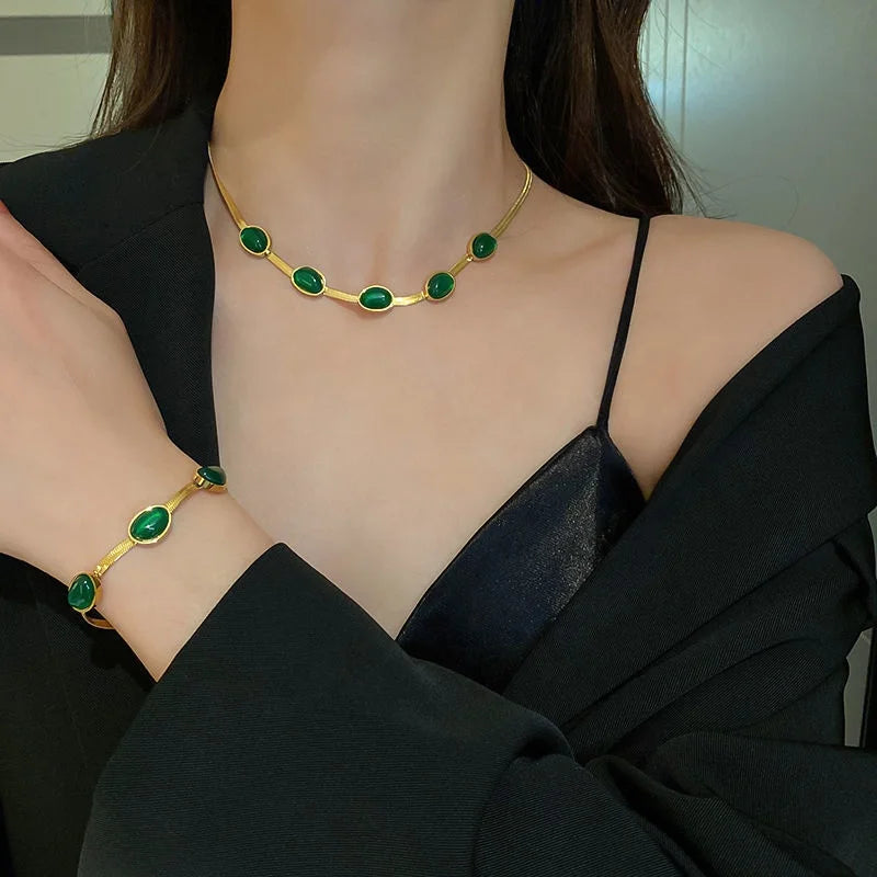 Vintage Emerald Snake Chain Jewelry Set Stainless Steel