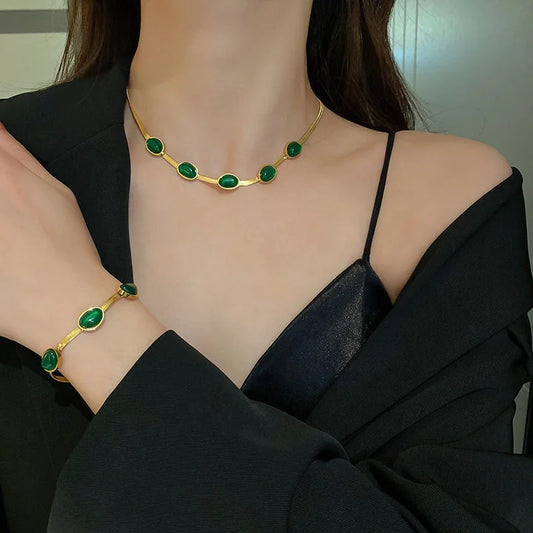 Vintage Emerald Snake Chain Jewelry Set Stainless Steel