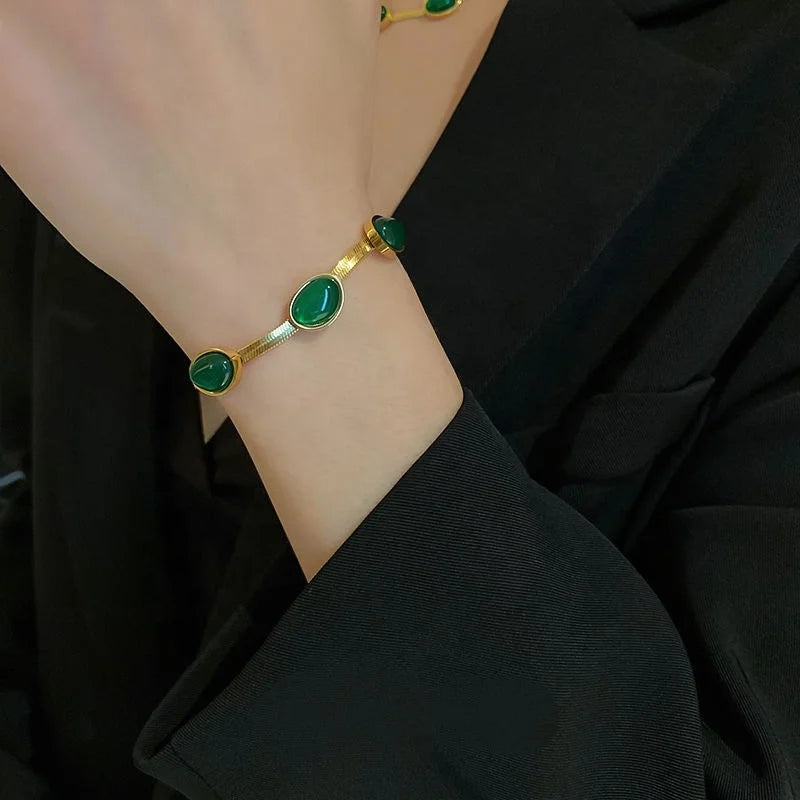 Vintage Emerald Snake Chain Jewelry Set Stainless Steel